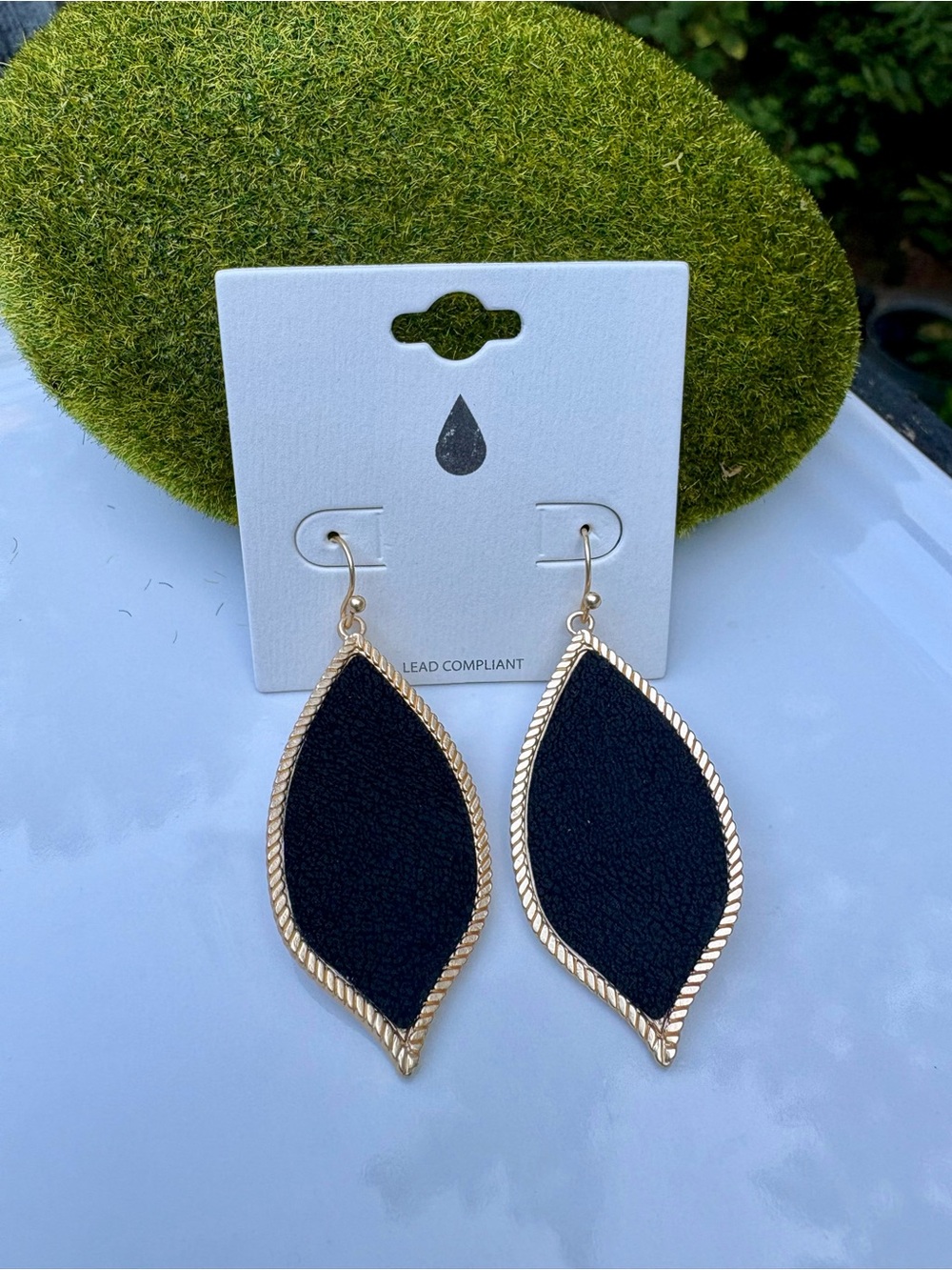 Gold Trim Black Teardrop Dangle Earrings